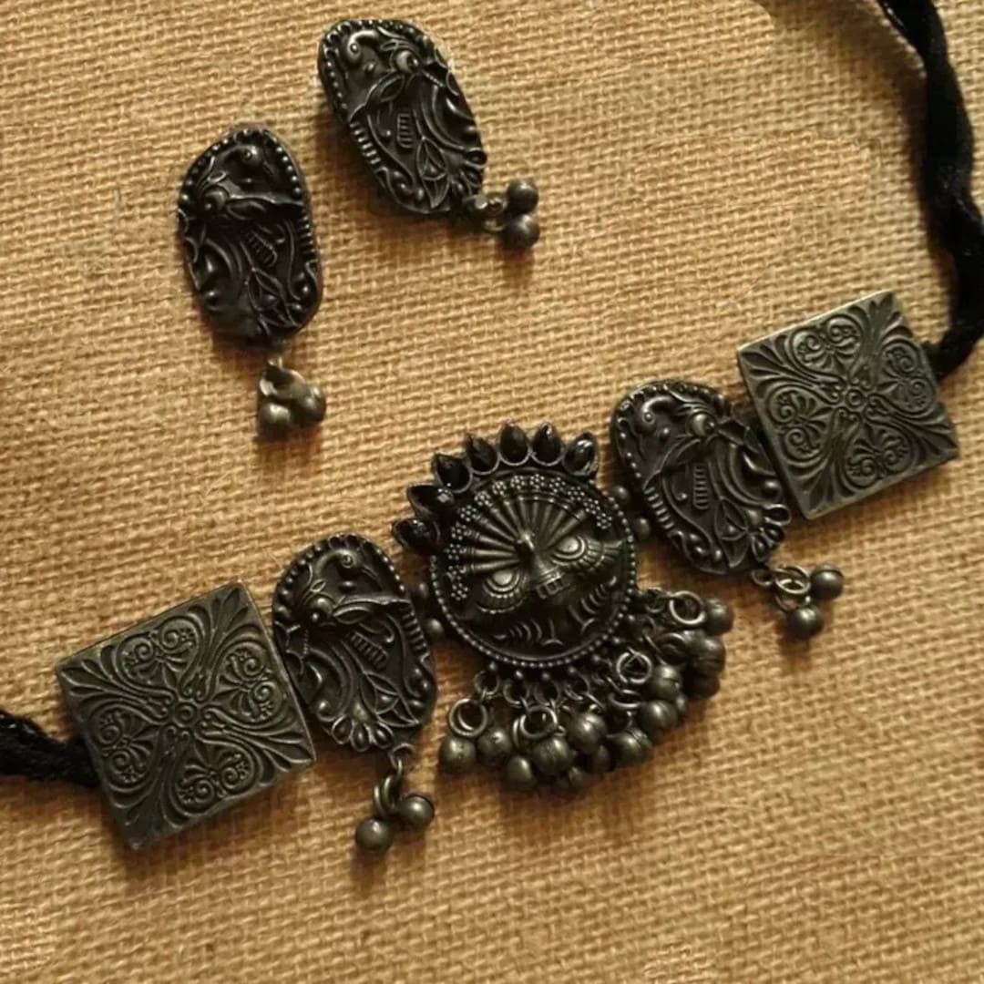 Black Oxidised Silver Necklace Set with Earrings Timeless Beauty