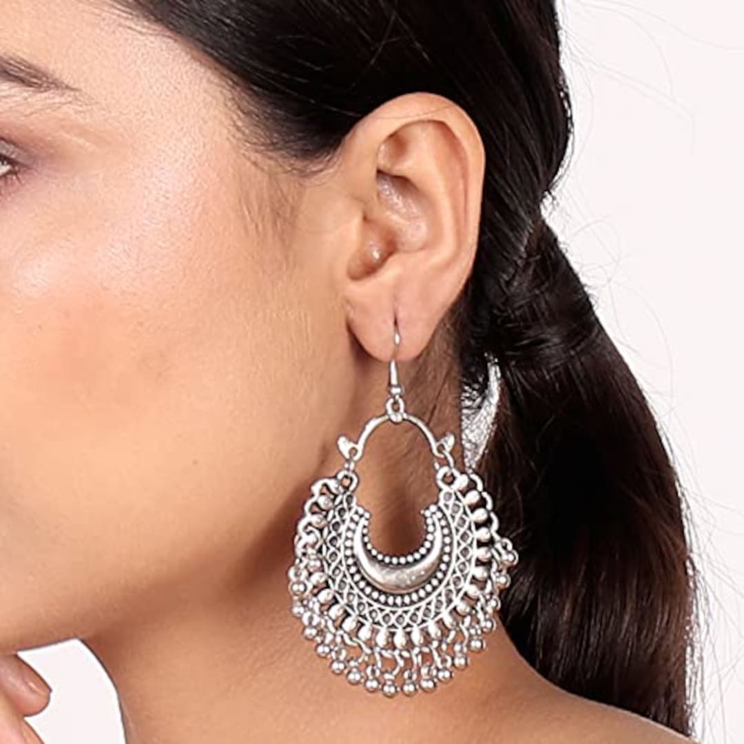 Flipkart.com - Buy Nityakshi Afghani Earrings Bohemian Style Party Wear  Oxidized Silver Tribal Collection Chandbali and Dangler Earrings German  Silver Chandbali Earring / Silver -Plated Crescent Shaped Hoop Earring  German Silver, Alloy