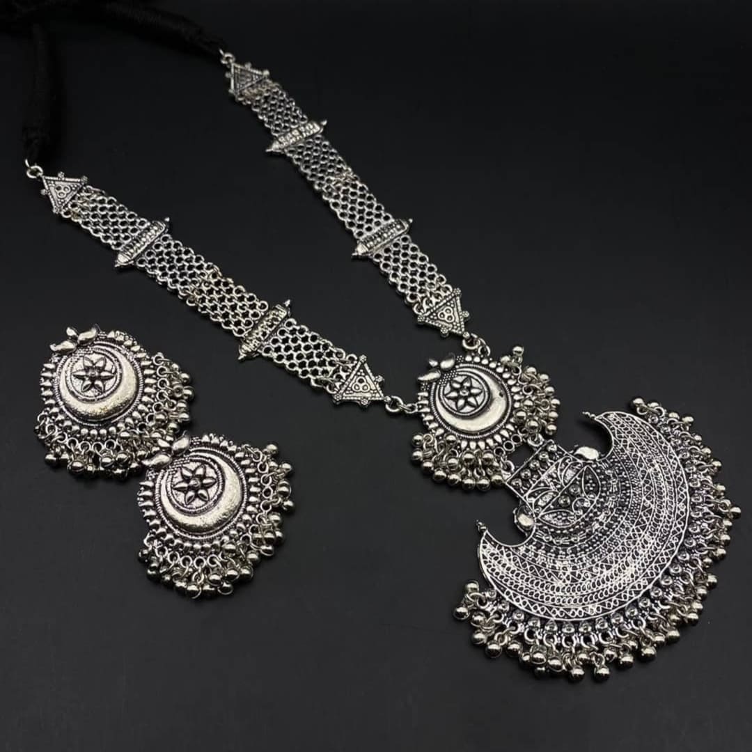 Indian Oxidised Silver jewellery set, Necklace Earrings Maangtika, Wedding  Wear | eBay