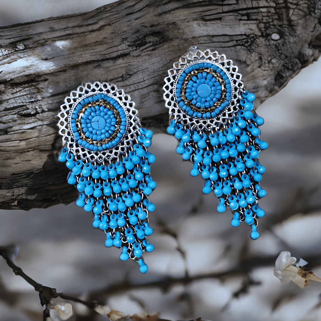 Blue gold bead embroidered fashion earrings, blue gold accessories –  Exclusive Craft