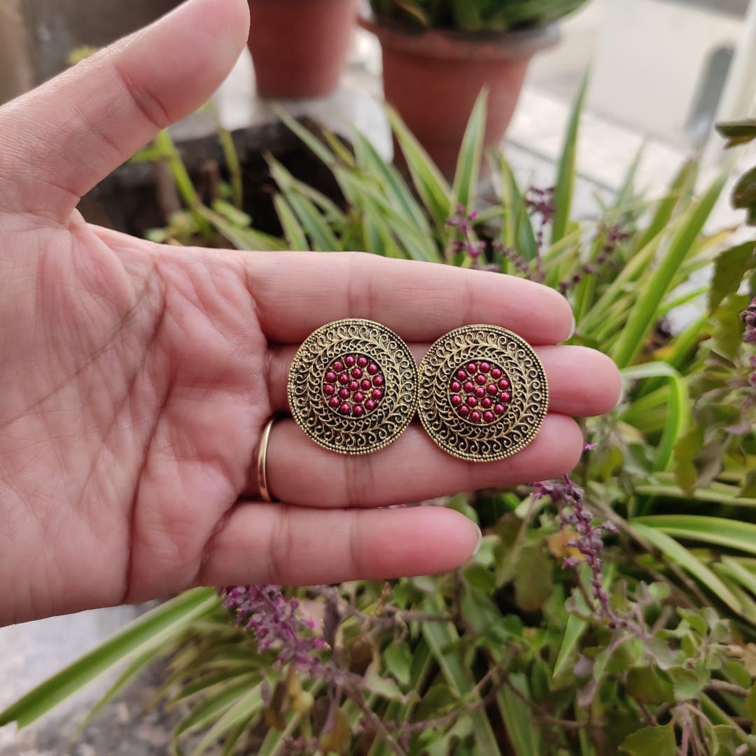 Teejh Yadavi Maroon Gold Enamel Earrings