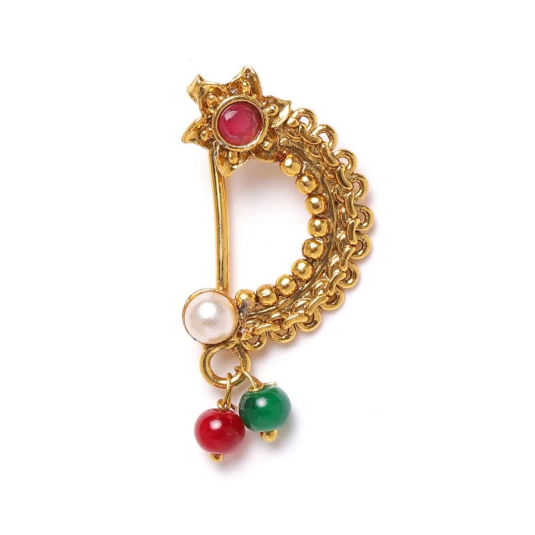 Buy clip on antique pressing moon nose ring with gold plating marathi nath