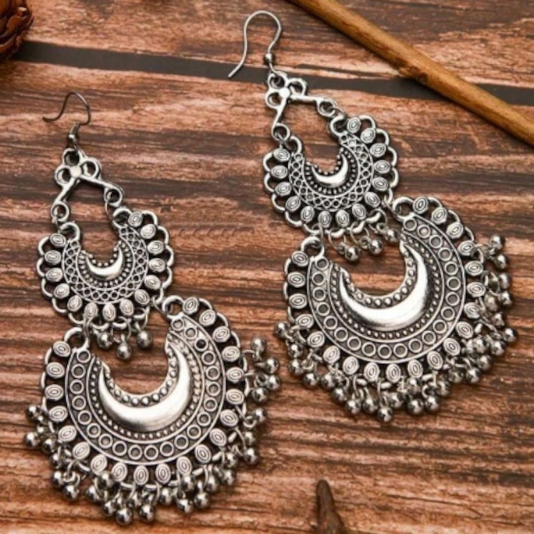 Oxidised Chandbali Earrings with Red Pearl