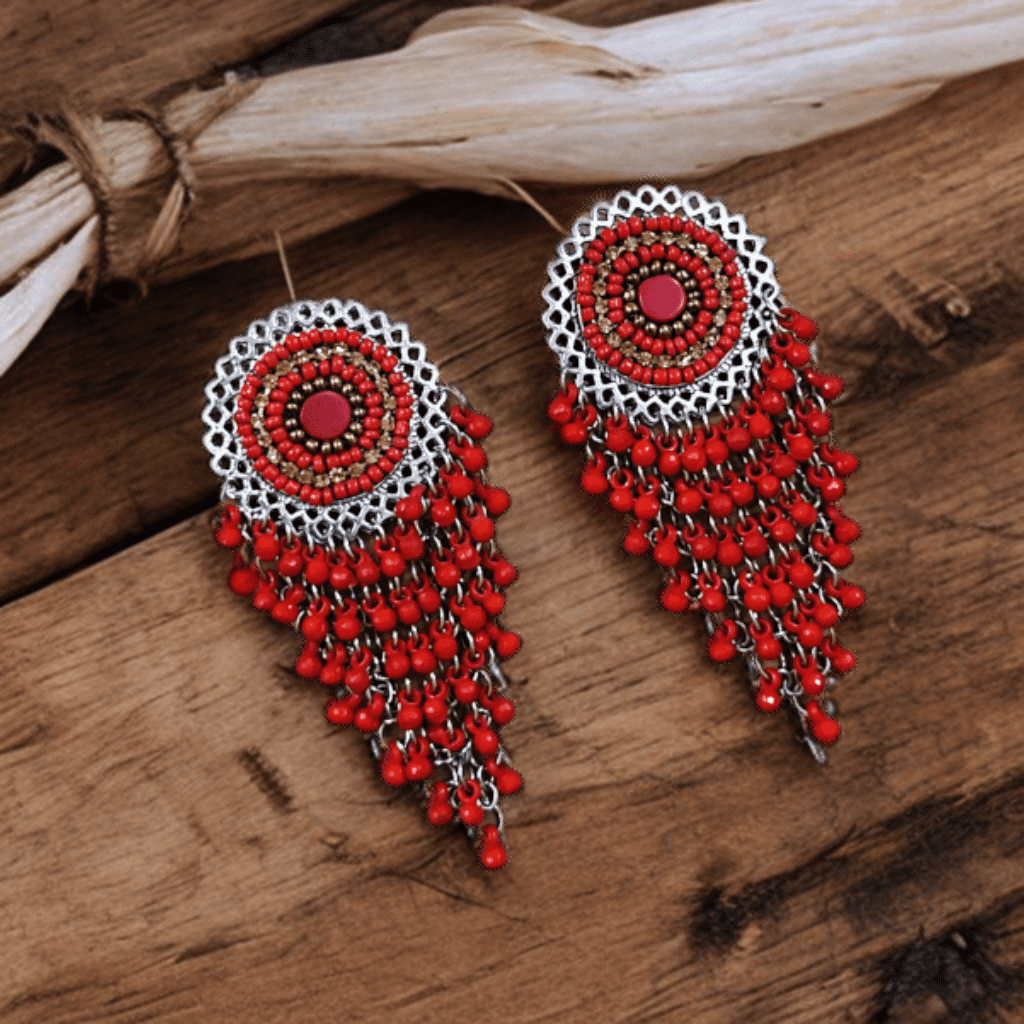 Red beaded teardrop earrings Seed bead dangle tear drop earrings Leaf  earrings | eBay