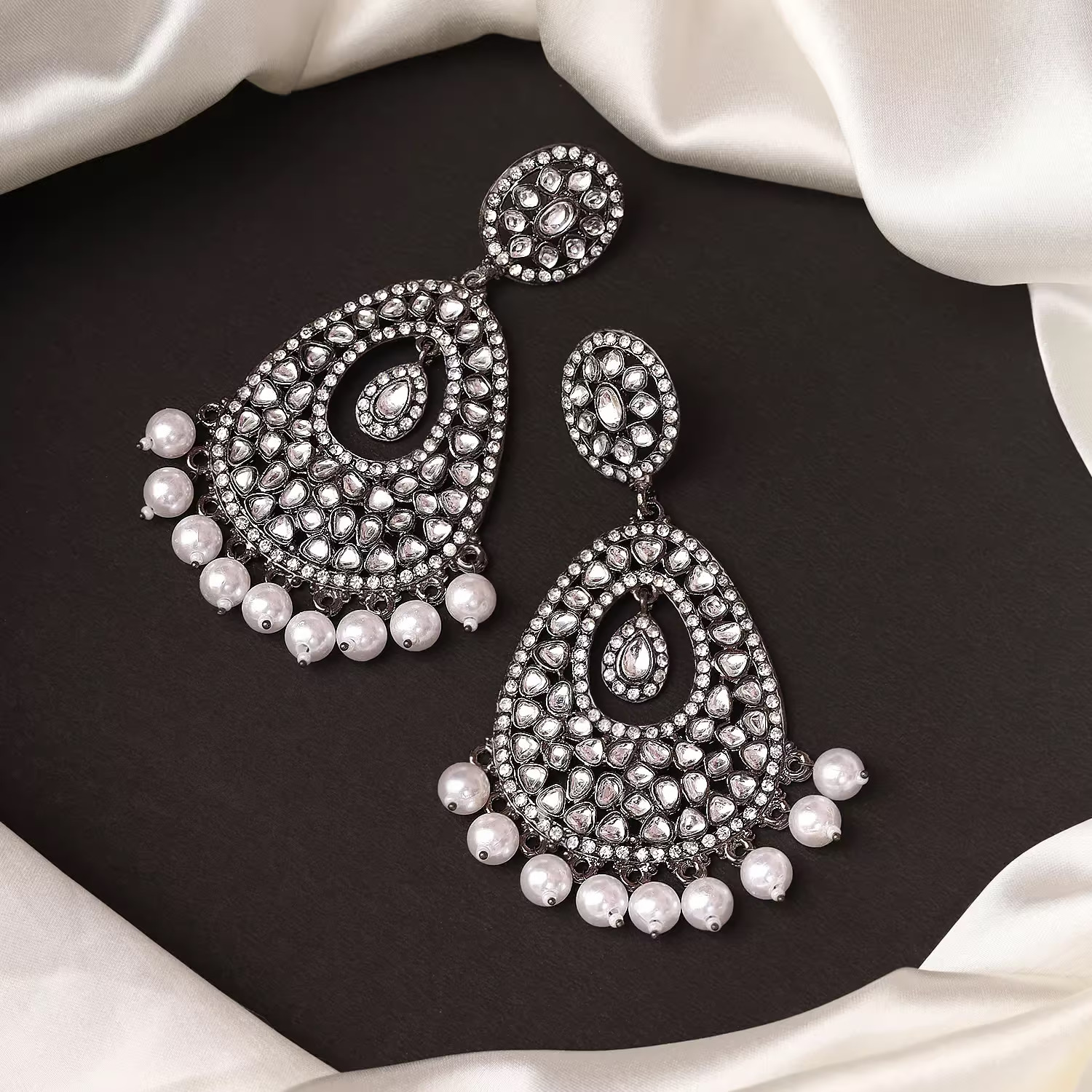 PRIVIU Oxidised Silver Kundan and Diamond Studded Floral Chandbali Earrings  | Priviu